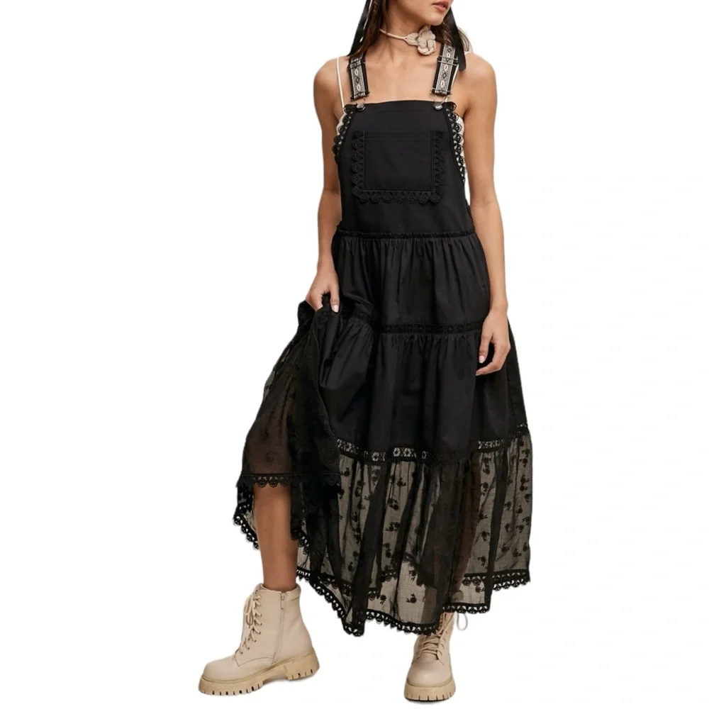Listicle NWOT Elegant Black Lace Trim Dress 👗 with Adjustable Straps - Picture 1 of 8